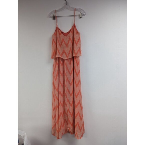 Bisou Bisou Tank Maxi Dress Size 4 Spaghetti Straps Peachy Orange Chevron Stripe - Picture 4 of 8